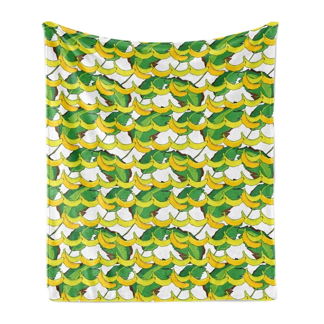 Banana Soft Flannel Fleece Throw Blanket, Tropical Fruits on Leaves Aloha Vibes Exotic Summer Pattern Repetition, Cozy Plush for Indoor and Outdoor Use, 70" x 90", Yellow Lime Green, by Ambesonne