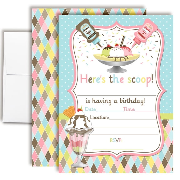 Banana Split Ice Cream Scoop Birthday Invitations for Kids, 20 Fill-In Cards with Envelopes, 5x7 Children's Birthday Party Invitations, Birthday Party Supplies, Made in USA by Amanda Creation