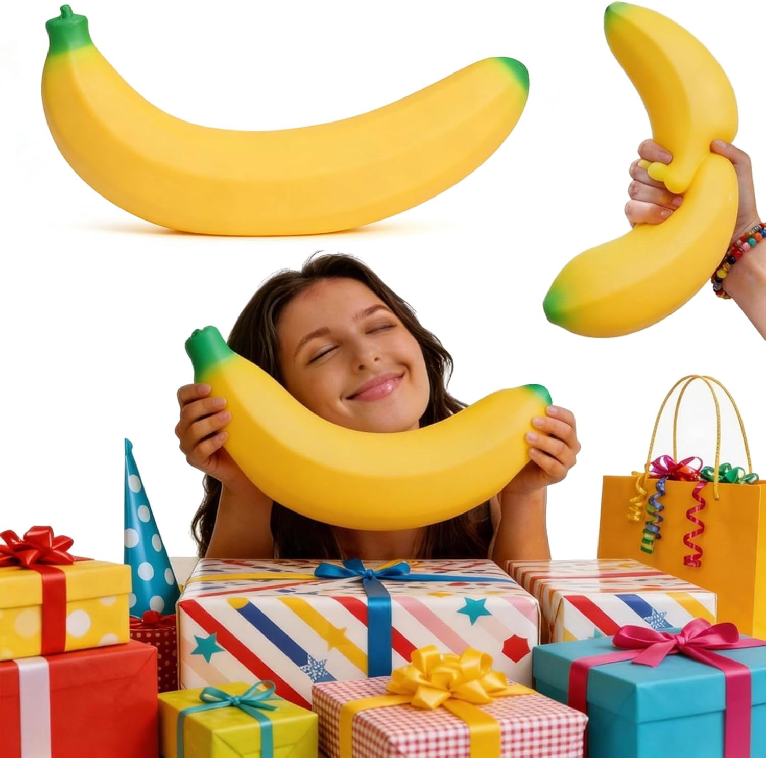 Banana Squishy, 2026 New Giant Banana Squishy, Banana Squishys Jumbo, Soft Jumbo Squishys Bananas for Stress Relief and Focus for Work School, Soft PU Foam (17 Inch)