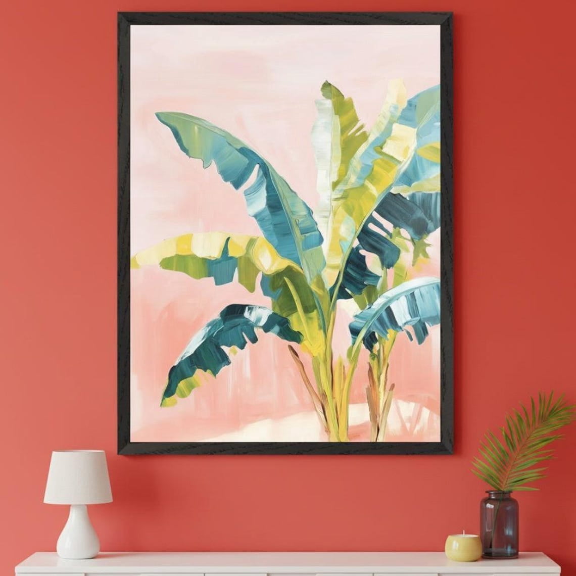 Banana Tree Leaves On Pink Background Wall Art, Modern Tropical Green ...