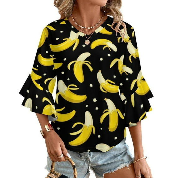 Banana Women's V-Neck Blouse With 3/4 Ruffled Bell Sleeves Casual Top Ladies Blouses