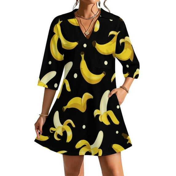 Banana Womens Dress With Pockets Summer V Neck 3/4 Sleeve Dress Plus Size Loose Dress