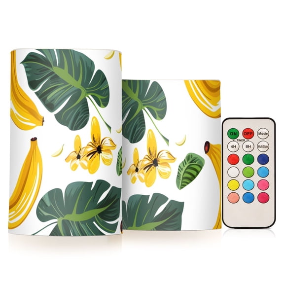 Banana and Leaves Flameless CandlesLED Lights Battery Operated Candles with Remote and Timers Flicker Lights Votive Set of 2