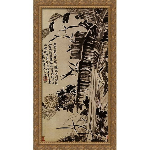 Banana, bamboo, chrysanthemums, orchids 22x40 Large Gold Ornate Wood Framed Canvas Art by Shitao