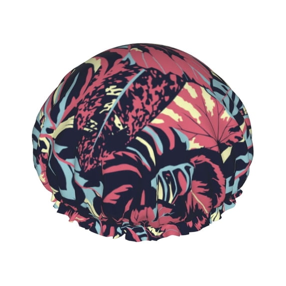 Banana leaves_D Shower Cap, Double Layers Shower Cap Rreusable Waterproof, Elastic Bathing Hair Hat for Women, Washable Hair Cap for All Hair Lengths