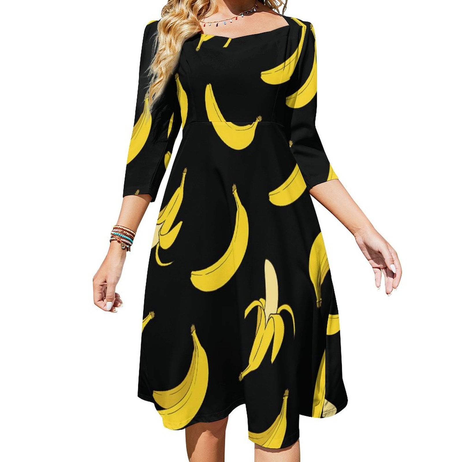 bananas-on-black-background-sweetheart-knot-flared-dress-fashion-design