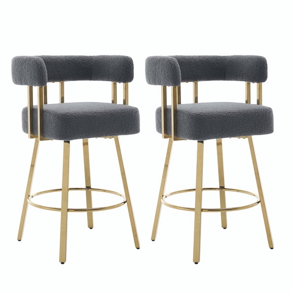 Bananova 27" Counter Height Barstools Set of 2, Modern Teddy Sherpa Bar Stools with Gold Metal Legs, 380lbs Heavy Duty Kitchen Island Chairs with Back, Grey