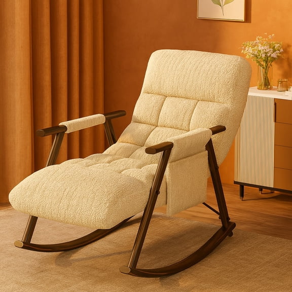 Bananova Adjustable Rocking Recliner Chair with Multi Position Backrest, Upholstered Lounge Rocker Chair with Metal Rocking Base, Padded Armrests and Seat for Living Room Bedroom Reading Room, Beige