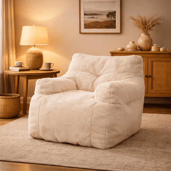 Bananova Floor Lounge Chair, Plush Accent Armchair with Padded Back and Armrests, Comfy Reading Chair for Living Room Bedroom Dorm, Cream White