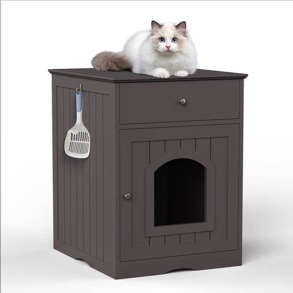 Peispie Cat Perches End Table with Drawer, Indoor Cat House Furniture with Enclosed Cat Condo and Perch, Wooden Cat Side Table for Bedroom Living Room, Coffee Brown