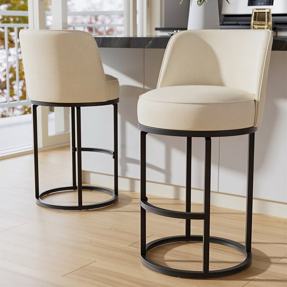 Bananova Counter Height Bar Stools Set of 2, 25 Inch Linen Upholstered Bar Chairs with Back, Modern Kitchen Island Stools with Footrest, Metal Frame, 350 lbs, Beige