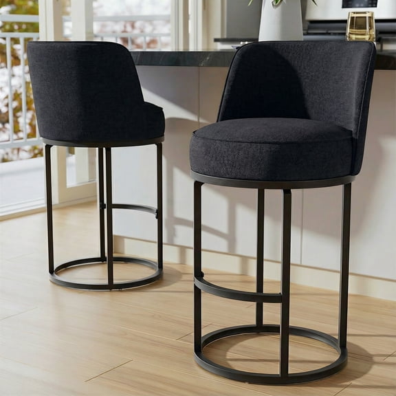 Bananova Counter Height Bar Stools Set of 2, 25 Inch Linen Upholstered Bar Chairs with Back, Modern Kitchen Island Stools with Footrest, Metal Frame, 350 lbs, Black