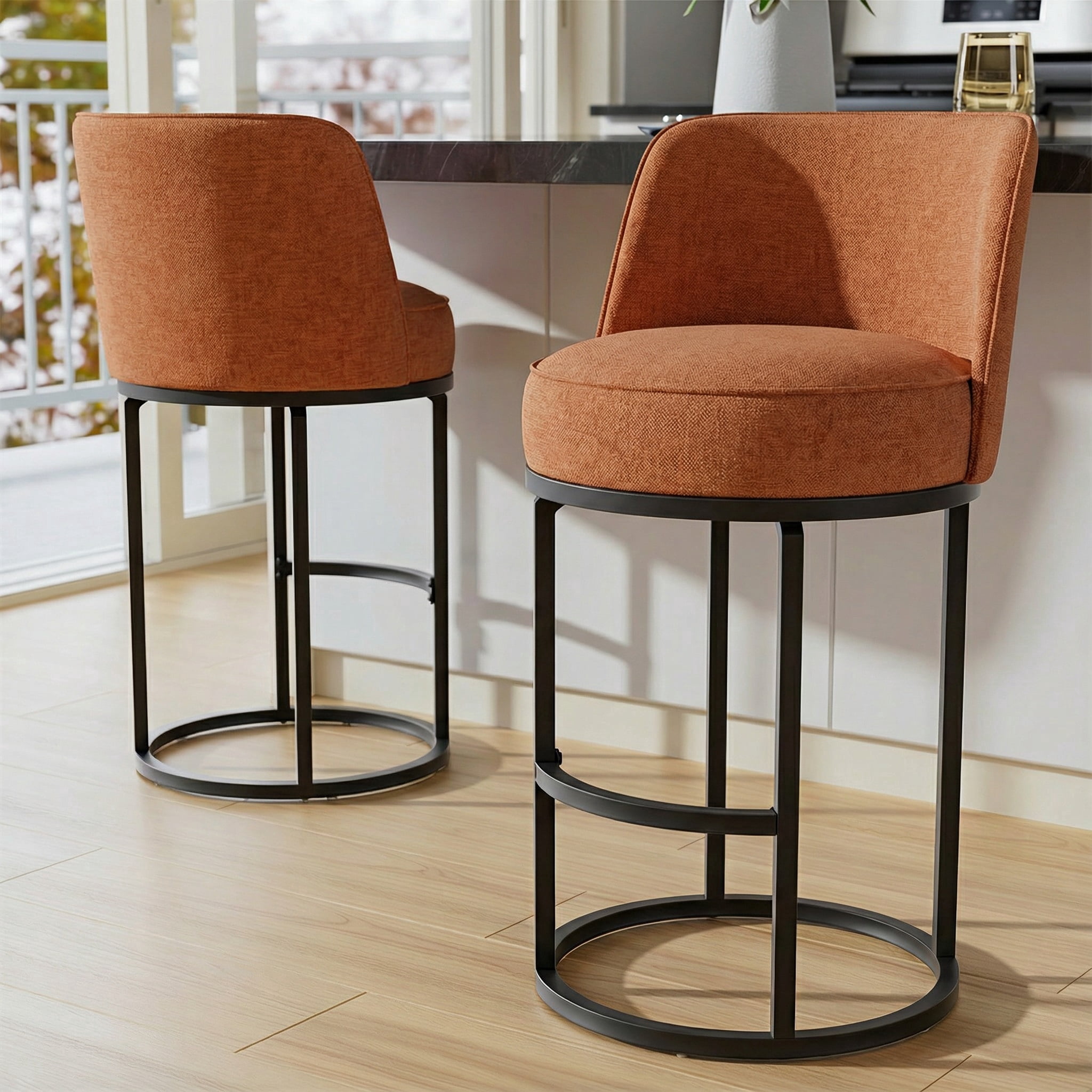 Peispie Counter Height Bar Stools Set of 2, 25 Inch Linen Upholstered Bar Chairs with Back, Modern Kitchen Island Stools with Footrest, Metal Frame, 350 lbs, Orange
