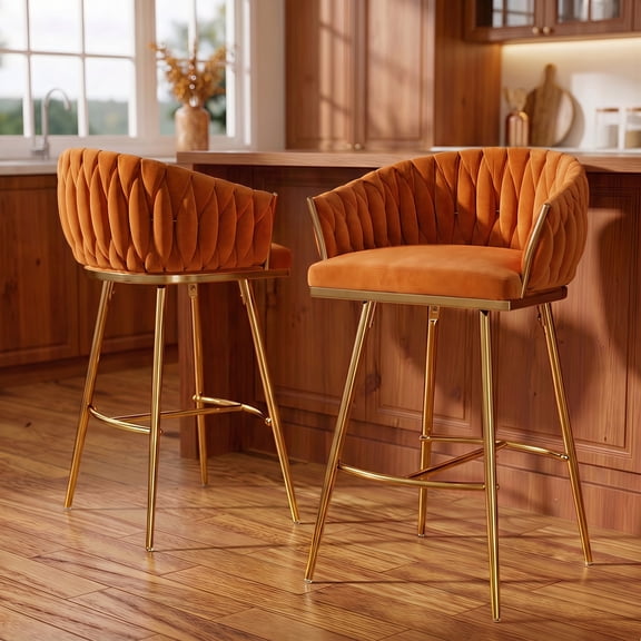 Peispie 26" Counter Height Bar Stools Set of 2, Modern Velvet Upholstered Barstools with Gold Metal Legs, Tufted Mid Back Kitchen Island Chairs with Footrest, Orange