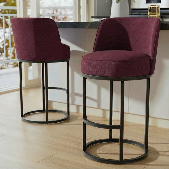Bananova Counter Height Bar Stools Set of 2, 25 Inch Linen Upholstered Bar Chairs with Back, Modern Kitchen Island Stools with Footrest, Metal Frame, 350 lbs, Wine Red