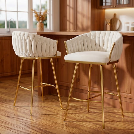 Peispie 26" Counter Height Bar Stools Set of 2, Modern Velvet Barstools with Mid Back and Gold Metal Legs, Padded Kitchen Island Chairs with Hand-Wave Design for Home Bar, White