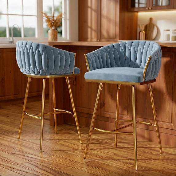Peispie 26" Counter Height Bar Stools Set of 2, Modern Velvet Barstools with Mid Back and Gold Metal Legs, Padded Kitchen Island Chairs with Hand-Wave Design for Home Bar, Blue