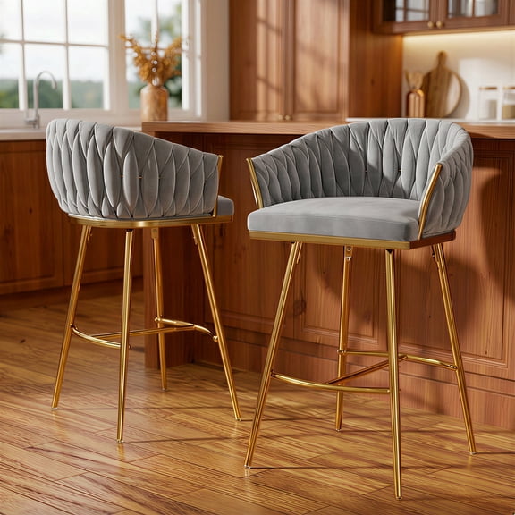 Peispie 26" Counter Height Bar Stools Set of 2, Modern Velvet Barstools with Mid Back and Gold Metal Legs, Padded Kitchen Island Chairs with Hand-Wave Design for Home Bar, Grey