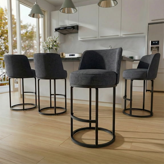 Bananova Counter Height Bar Stools Set of 4, 25 Inch Linen Upholstered Bar Chairs with Back, Modern Kitchen Island Stools with Footrest, Metal Frame, 350 lbs, Grey