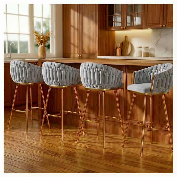 Peispie 26" Counter Height Bar Stools Set of 4, Modern Velvet Barstools with Mid Back and Gold Metal Legs, Padded Kitchen Island Chairs with Hand-Wave Design for Home Bar, Grey