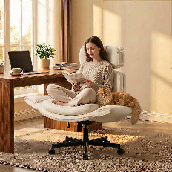 Bananova Criss Cross Chair with Adjustable Armrests, Boucle Plus Size Criss Cross Desk Chair, High Back Swivel Reversible Armrests & Wide Seat Chair For Home Office, White