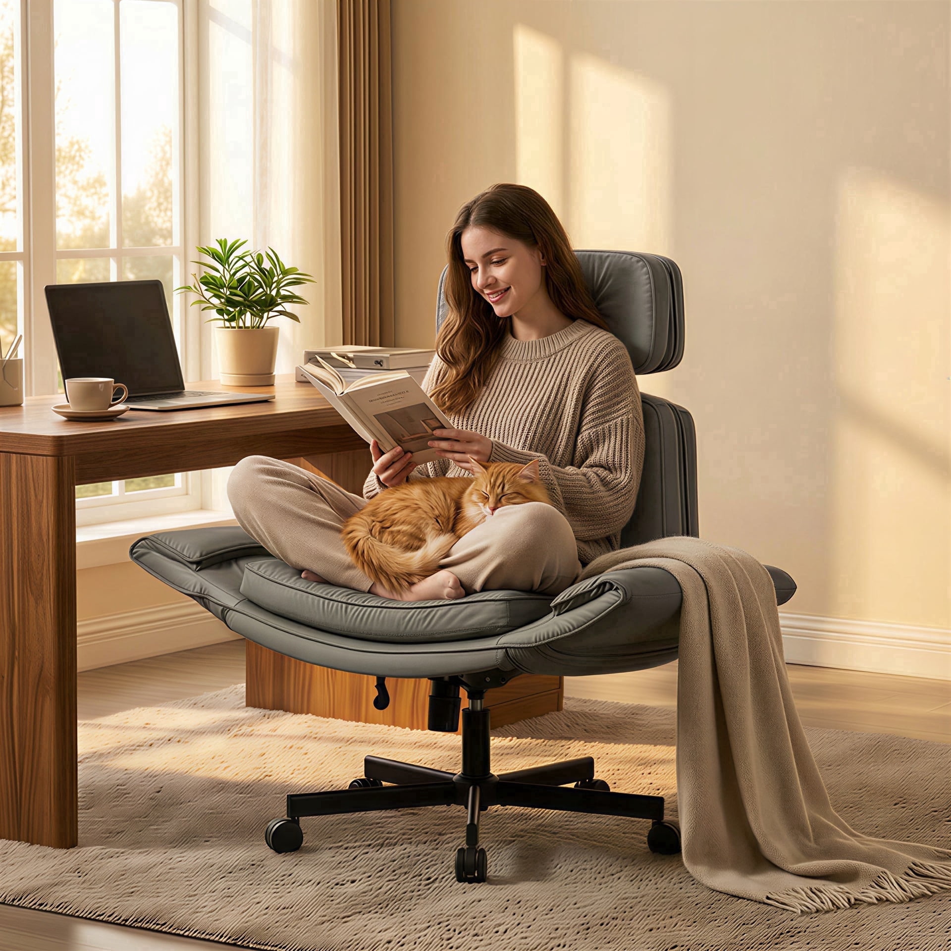 Peispie Criss Cross Office Chair with Adjustable Arms, Leather Cross Legged Desk Chair with Headrest, Wide Seat High Back Swivel Computer Office Chair for Home Office, Grey