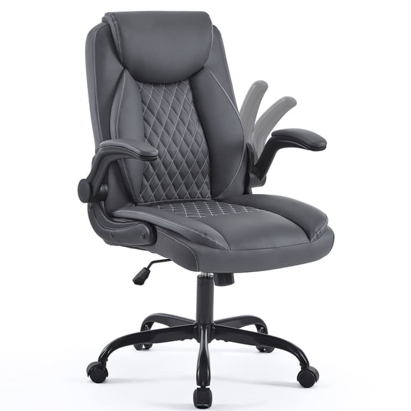 Bananova High Back Office Chair 300lbs, Ergonomic Computer Chair with Flip-Up Arms, PU Leather Desk Chair with Lumbar Support, Executive Chair for Home Office, Grey