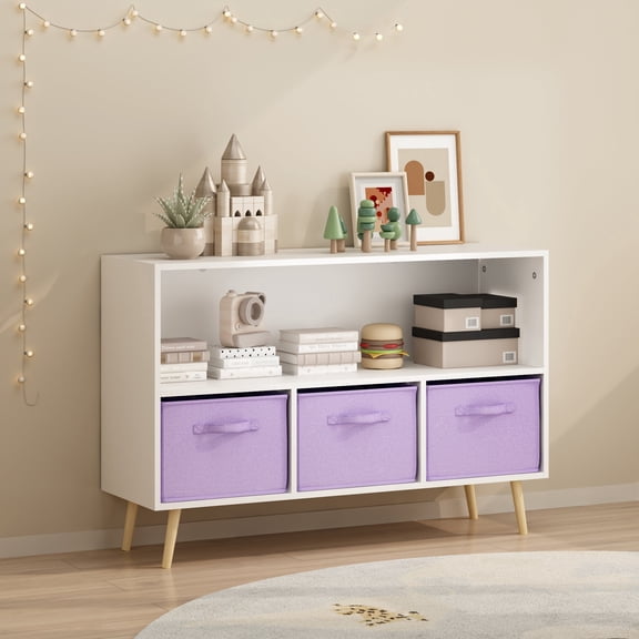 Peispie Kids Storage Cabinet with Fabric Bins, Toy Organizer Shelf with 3 Drawers, Children Storage Unit with Pine Legs for Playroom Bedroom, Purple