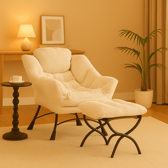 Bananova Lounge Chair with Ottoman, Accent Armchair with Footrest, Upholstered Reading Chair with Padded Cushion and Metal Frame, Beige