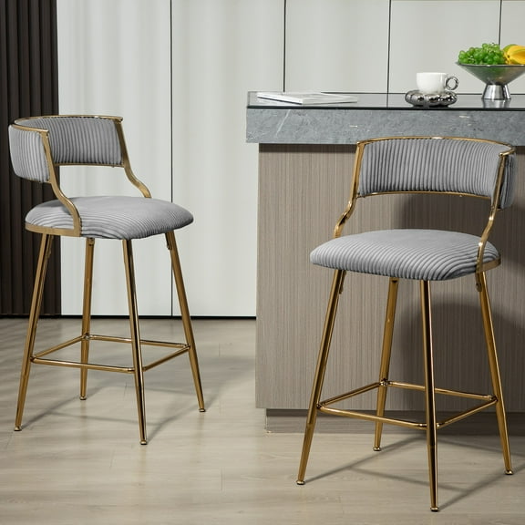 Bananova Modern Velvet Bar Stools Set of 2, Counter Height Kitchen Chairs with Gold Legs and Backrest, Upholstered Bar Stool for Island, Grey