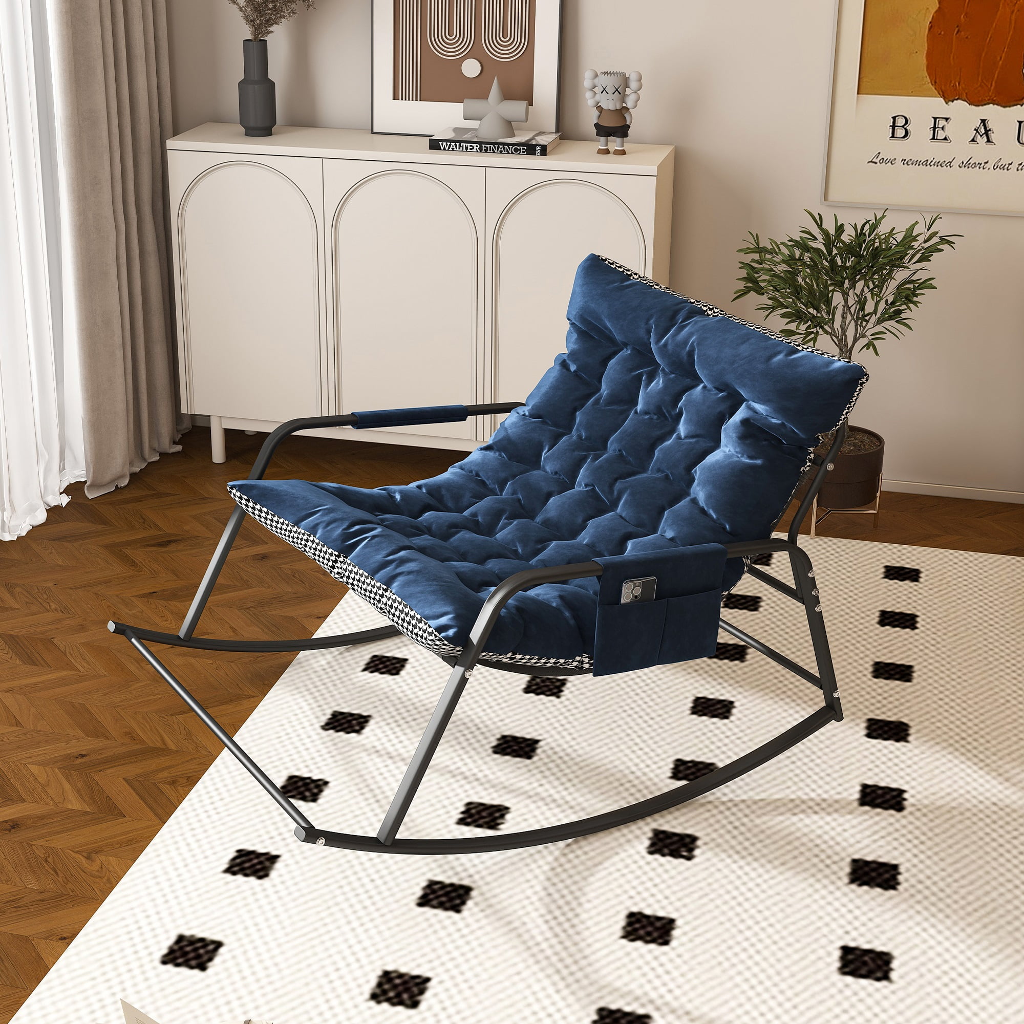 Bananova Oversized Rocking Chair with Thick Cushion, Comfortable Lounge Rocker Accent Chair for Living Room, Bedroom, Nursery, Patio, 300 lbs, Blue