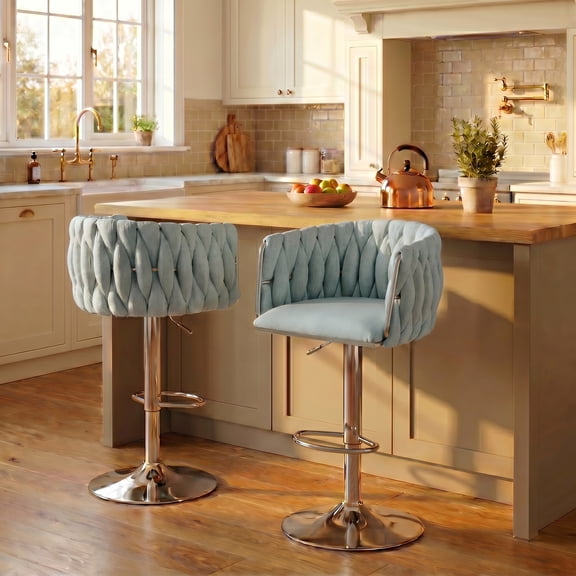 Peispie Swivel Adjustable Velvet Bar Stools Set of 2, 25.6"–31.5" Seat Height, Upholstered Modern Bar Chairs with Low Back, Gold Base, for Kitchen Island and Home Bar