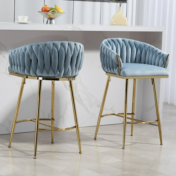 Bananova Velvet Bar Stools Set of 2, 26 Inch Seat Height Upholstered Luxury Bar Chairs with Low Back, Modern&nbsp; Style Counter Height Bar Stools, Blue