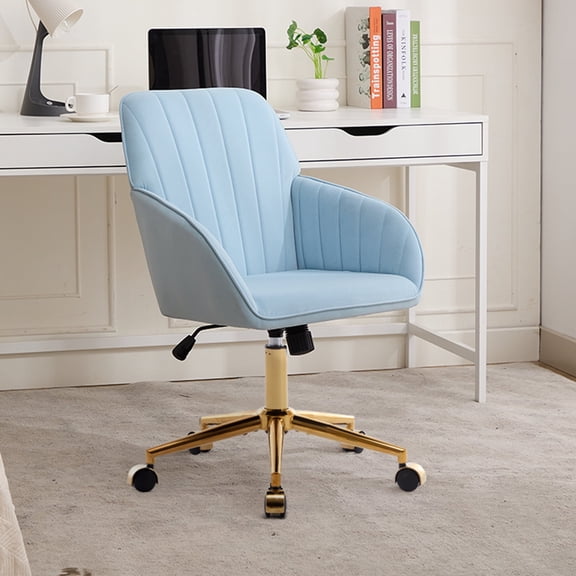Peispie Velvet Office Chair 300lbs, Mid Back Vanity Chair, Modern Swivel Desk Chair with Gold Base, Upholstered Computer Task Chair for Bedroom, Blue