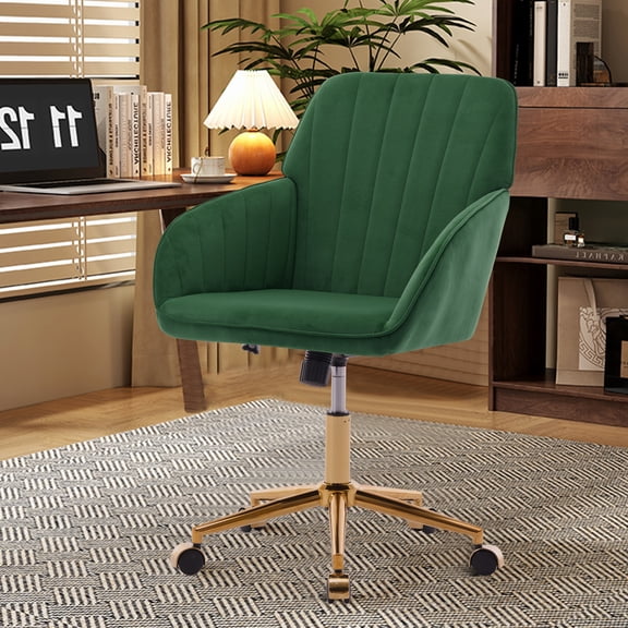 Bananova Velvet Office Chair 300lbs, Mid Back Vanity Chair, Modern Swivel Desk Chair with Gold Base, Upholstered Computer Task Chair for Bedroom, Green