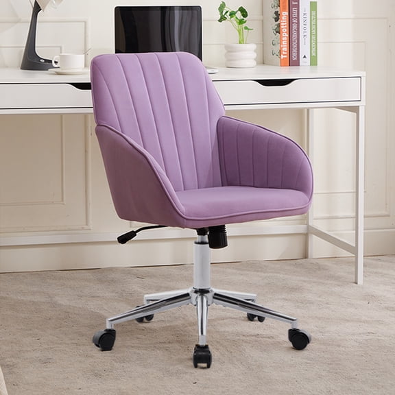 Bananova Velvet Office Chair 300lbs, Mid Back Vanity Chair, Modern Swivel Desk Chair with Silver Base, Upholstered Computer Task Chair for Bedroom, Purple