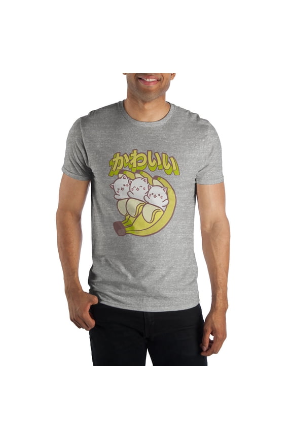 Bananya Cat Characters Men's Gray T-Shirt Tee Shirt-Large