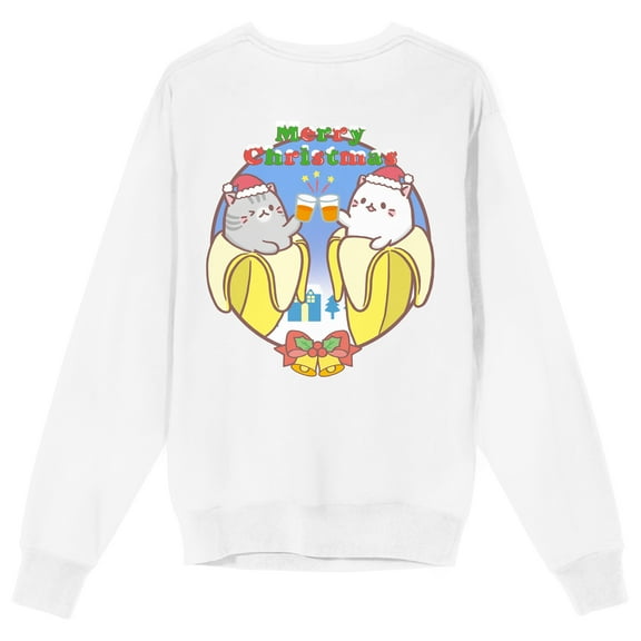 Bananya Merry Christmas Cheers Adult White Crew Neck Long Sleeve Sweatshirt-3XL