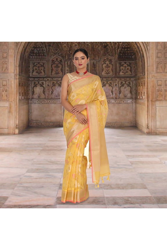 Banaras Kota Tilfi Jaal work Indian sari - Yellow