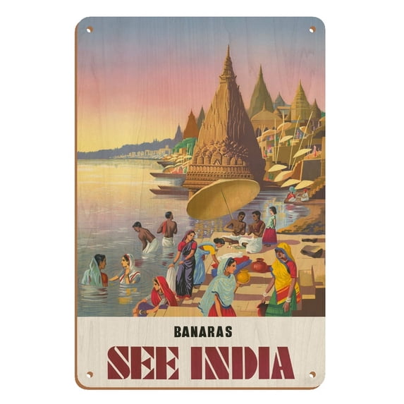 Banaras - See India - Varanasi on the Ganges River - Vintage Travel Poster c. 1940s - 8 x 12 inch Vintage Wood Art Sign