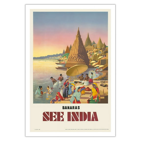 Banaras - See India - Varanasi on the Ganges River - Vintage Travel Poster c. 1940s - Fine Art Matte Paper Print (Unframed) 30x44in