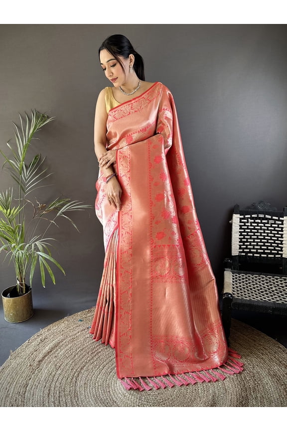 Banarasi Saree In Soft Silk With Flower Pattern Traditional Designer Ethnic Festive Wedding Party Wear Saree For Women – Onion Pink