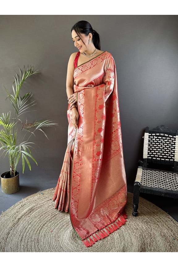 Banarasi Saree In Soft Silk With Flower Pattern Traditional Designer Ethnic Festive Wedding Party Wear Saree For Women – Peach