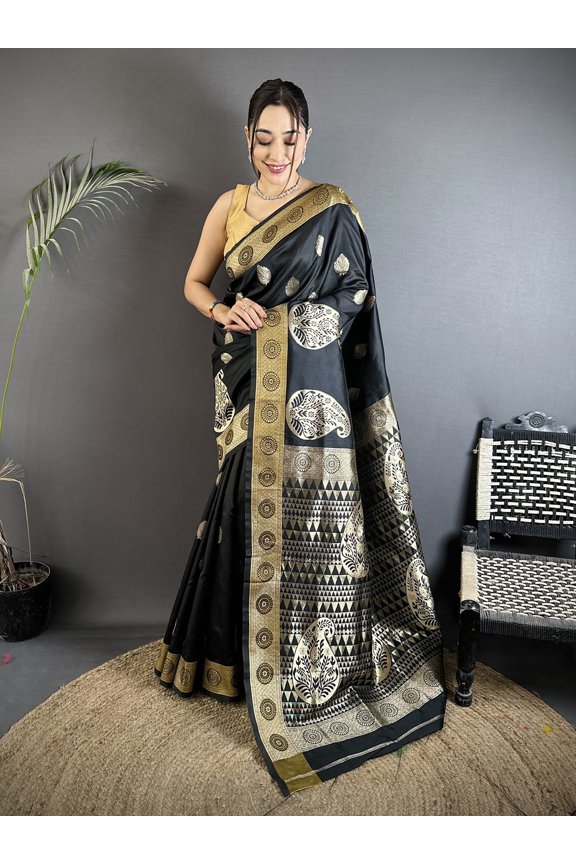 Banarasi Saree In Soft Silk With Paisley Design Traditional Designer Ethnic Festive Wedding Party Wear Saree For Women – Black