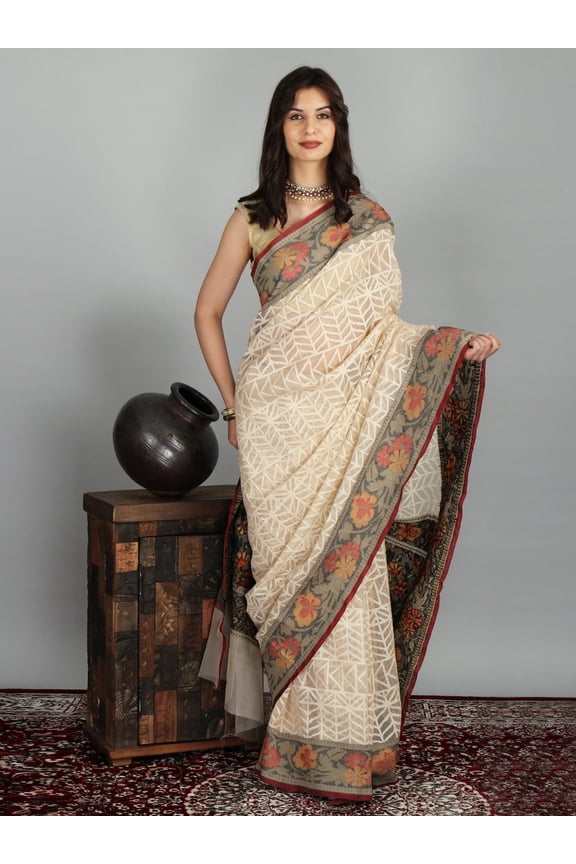 Banarasi Silk Kora Net Saree with Floral Hand-Woven Pattern Border and Pallu
