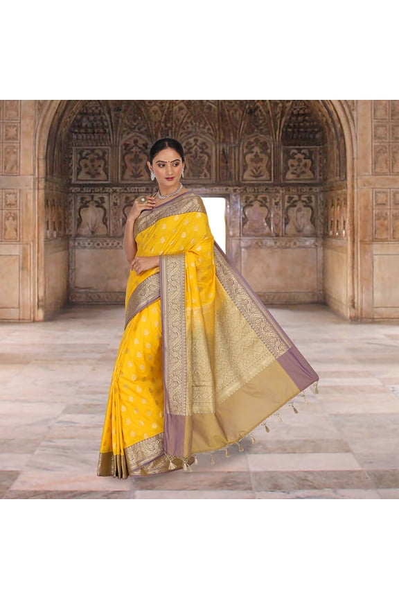 Banarasi katan silk sari - Yellow Size: XXL, Color: Yellow