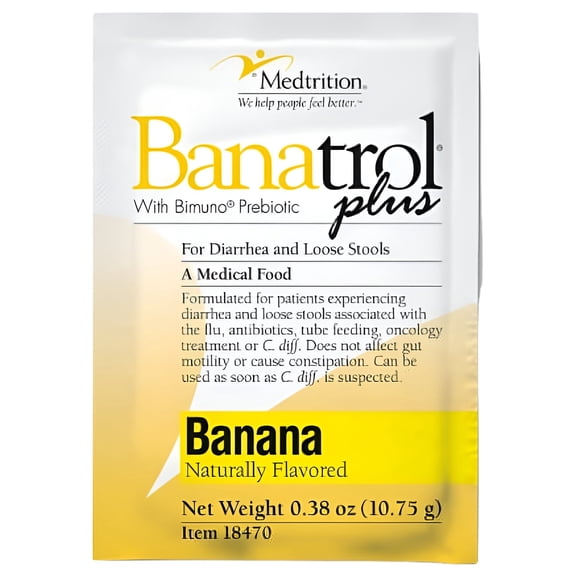 Banatrol Plus Banana Flavored Powder Oral Supplement, Prebiotic Fiber Digestive Support for Diarrhea and Loose Stool, 10.75 g Individual Packets, 21 Count
