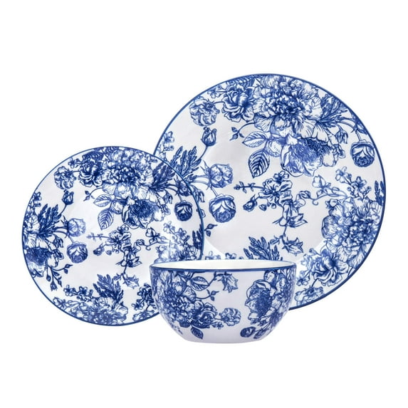 Banbury Blue Porcelain 12 Piece Dinnerware Set, Service For 4