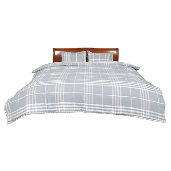 Banbury Plaid Grey and Ivory Cotton King Comforter Set