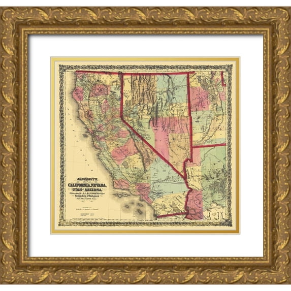 Bancroft 16x15 Gold Ornate Wood Framed with Double Matting Museum Art Print Titled - California, Nevada, Utah, Arizona - Bancroft 1873
